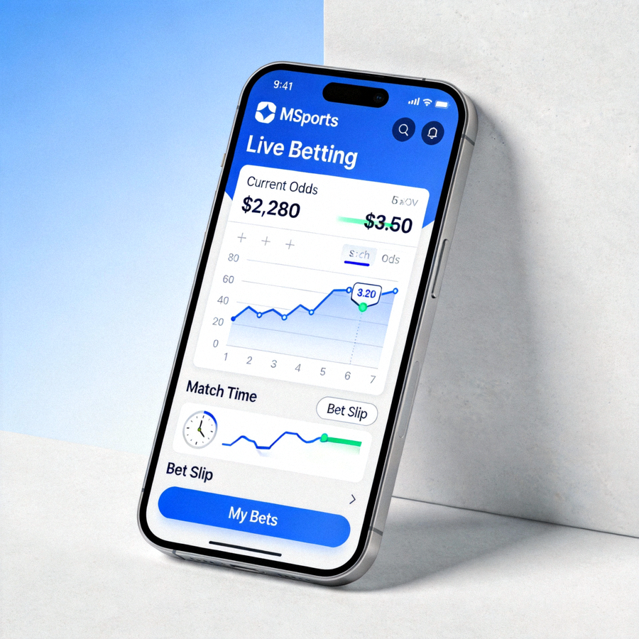 Animasi antarmuka live betting MSports terbaru di perangkat mobile menunjukkan fitur real-time